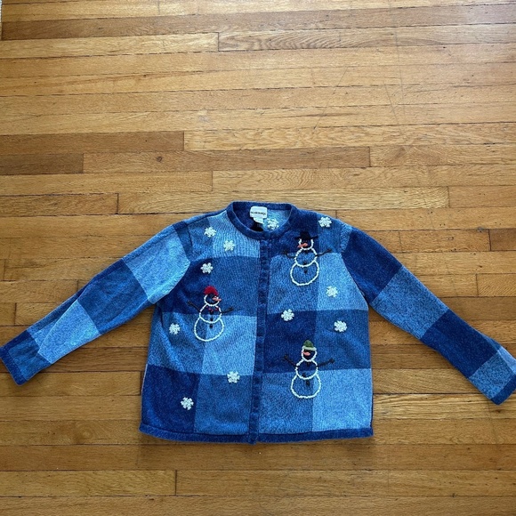 Breckenridge Snowman Cardigan Womens Size Large Vintage Blue Applique - Picture 6 of 10